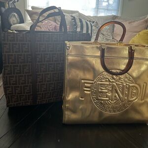 Lot of 2 Fendi Totes.  Metallic Gold & Brown Monogram Companion